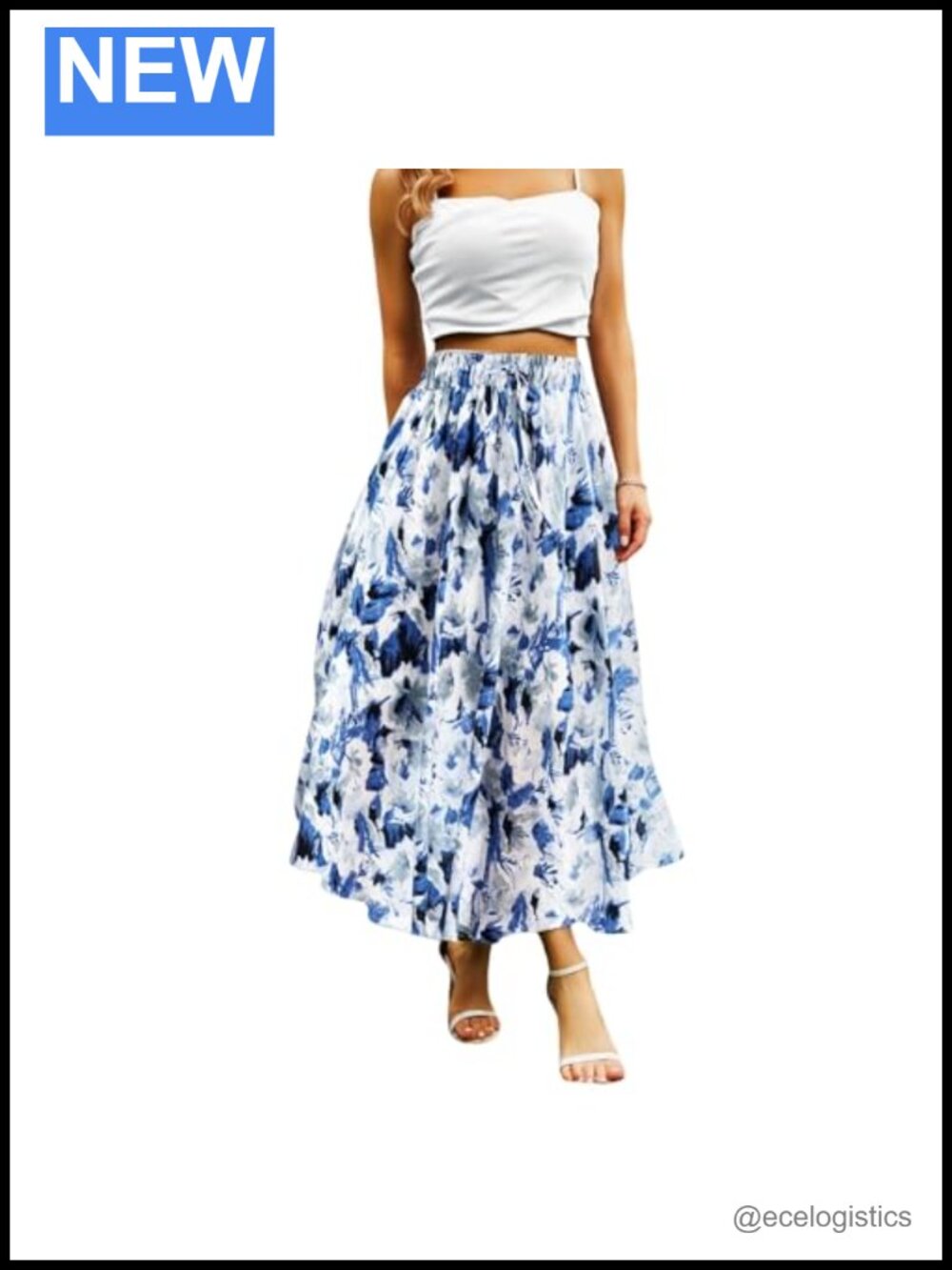 Women's Floral Maxi Skirt with Pockets Adjustable Drawstring A-Line Midi Skirt